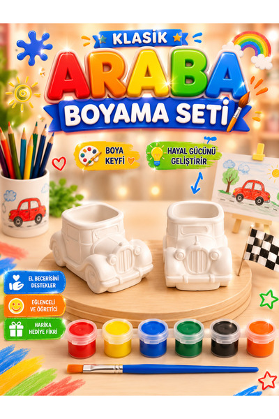elvanhobi 2 Adet Klasik Araba Mini Dekor Boyama Kiti - Fırçalı ve Boyali Hobi...