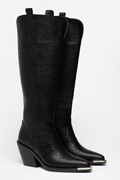 DENORA Black Matte Leather Metal Toe Flat Above-Knee Western Cowboy Boots