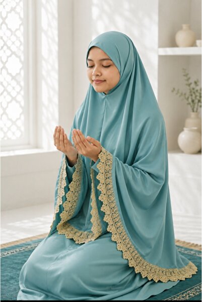 Store Kız Çocuk Lüks Kadife Namaz Elbisesi - Dantel İşlemeli Krem Namazlık Ta...