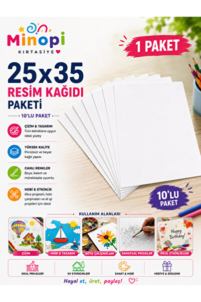 Minopi 1 Paket 25x35 Resim Kağıdı Paketi 10'lu Sulu Akrilik Guaj Boya Hobi Ta...