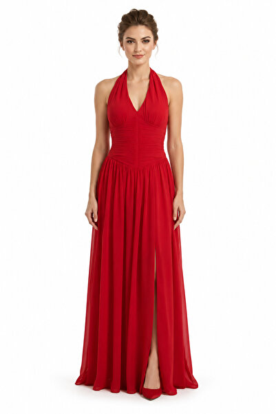 unbranded Women's Red Halter Neck Maxi Evening Dress with Front Slit – Elegan...