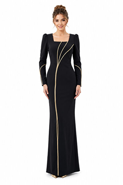 unbranded Women's Black Long Sleeve Maxi Evening Dress with Gold Trim Detail ...