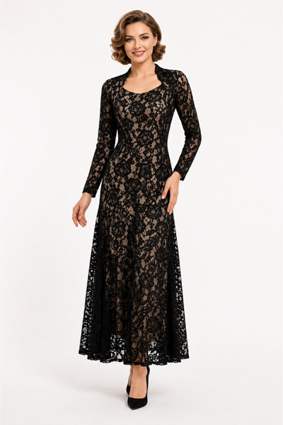 unbranded Women's Black Floral Lace Midi Evening Dress with Long Sleeves – El...