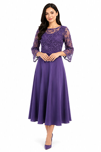 unbranded Women's Purple Floral Lace Midi Evening Dress with Bell Sleeves – E...