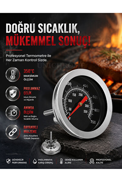 Unichrome 350 Santigrat Derece Paslanmaz Çelik Barbekü Izgara Fırın Termometr...