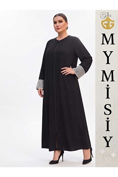 MYMİSİY BÜYÜK BEDEN TERLETMEZ SİYAH BİYELİ FERACE BOY 1.45 cm