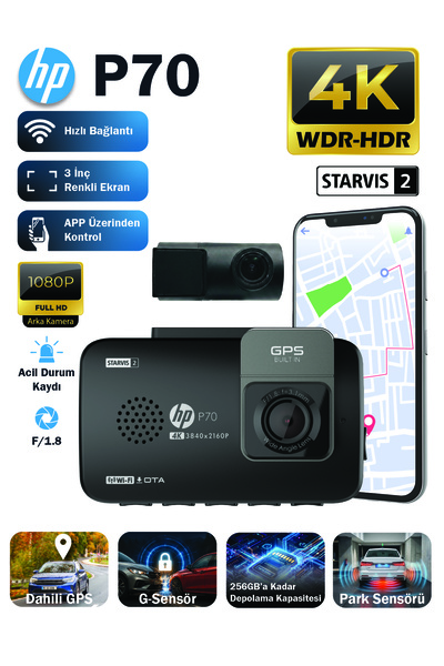 HP P70 4K WDR, Araçiçi Ön + Arka Kamera, 3 Inch Renkli IPS LCD Ekran, GPS’li,...