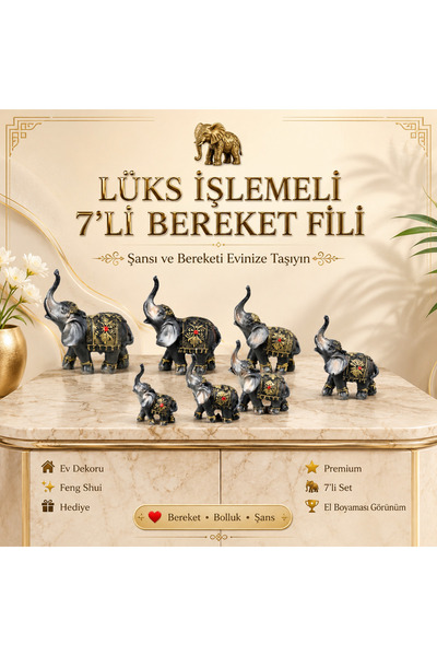 e-life shop Lüks İşlemeli 7'li Bereket Fil Biblo Premium Feng Shui Dekoratif ...