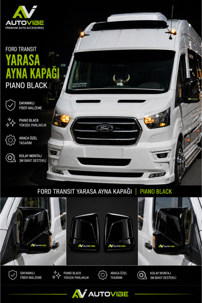 AutoVibe A Kalite Fiber Yarasa Ayna Kapağı Ford Transit Piano Black Boyalı Ta...