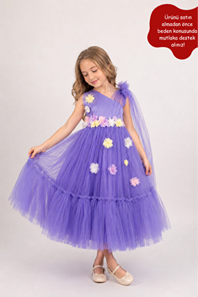 Eray Kids Kız Çocuk Uzun Abiye Elbise Çapraz Omuzlu Çiçek Detaylı 6-9 Yaş