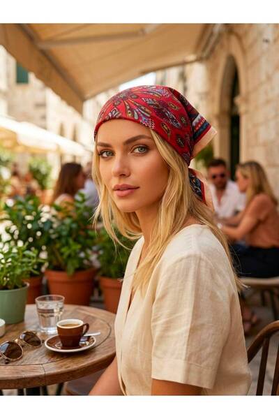 Axesoire 15002 Şal Desenli Kırmızı Kadın Pamuk Fular 50x50 cm Bandana Boyun Fuları Saç Fuları