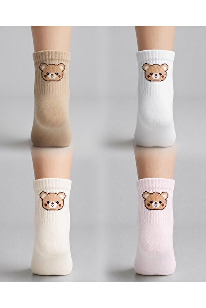 Jawalli Women's 4 Pairs of Cotton College Socks with Bear Design, 4 Colors