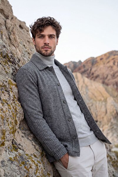 Çizgi Triko Men's Winter Fabric Gray Cardigan Striped Pattern Classic Fit - 5...