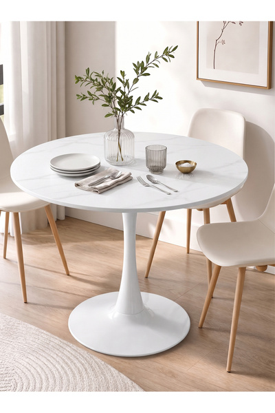Leon Lifestyle Modern Round Marble Side Table, Real Marble Top White Base, Lu...