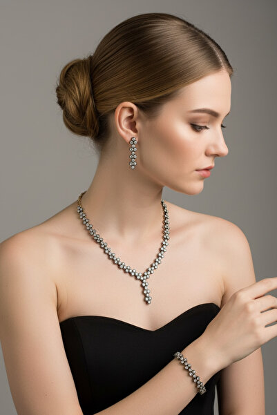 FUYA JEWELLERY Üçlü Taş Sıralı Kolye, Küpe, Bileklik Set
