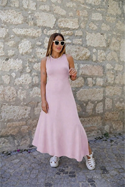 Generic Brand Woman's back cross detail round neck maxi viscose dress