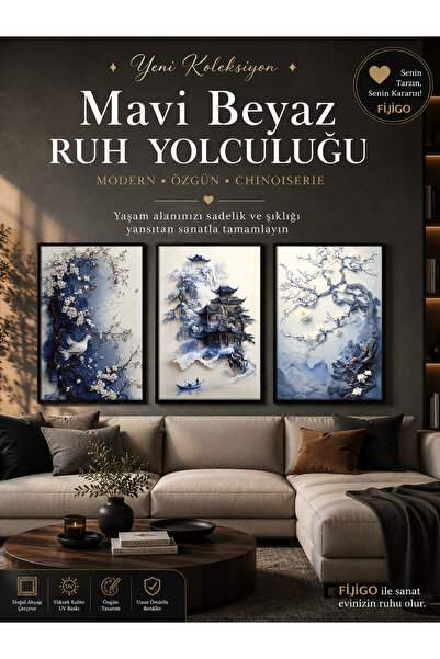 fijigo Siyah Çerçeveli Mavi-Beyaz Ruh Yolculuğu 3'lü Set Tablo