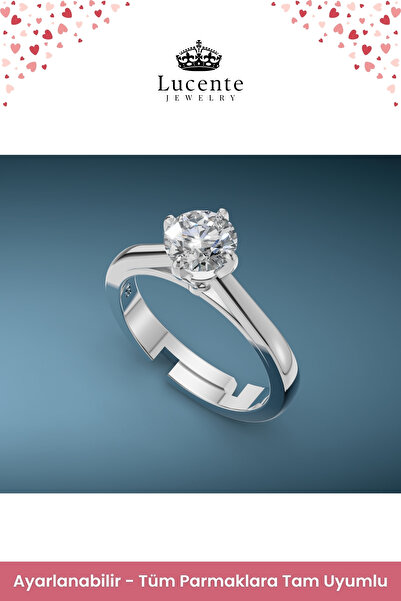Lucente Jewellery 925 Ayar Evlenme Teklifi Yüzüğü Işıltılı Pırlanta Montürlü Yuvarlak Kesim Tektaş Nişan Evlenme Özel Gümüş Küpe Hediyeli Tek Taş Sevgiliye Evlilik Teklifi İçin Ayarlanabilir Zarif Yüzük