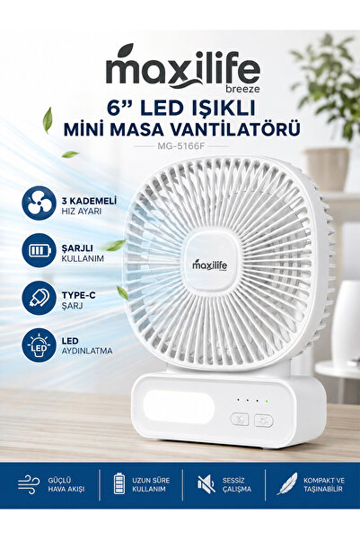 Maxilife Breeze MG-5166F 6" Led Işıklı Şarjlı Mini Masa Vantilatörü 3 Kademel...