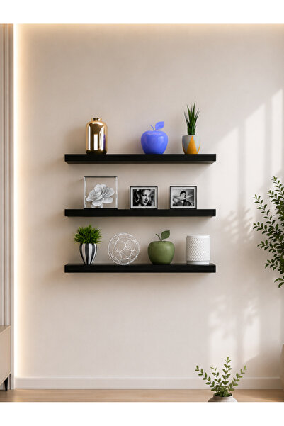 Egecan Mobilya Siyah Uçan Duvar Rafı 3 Lü Set Gizli Raf 50-50-50