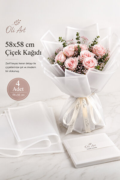 OLİ Art Çiçek Kağıdı Beyaz Beyaz Kenar 4 ADET Buket Ambalaj Kağıdı