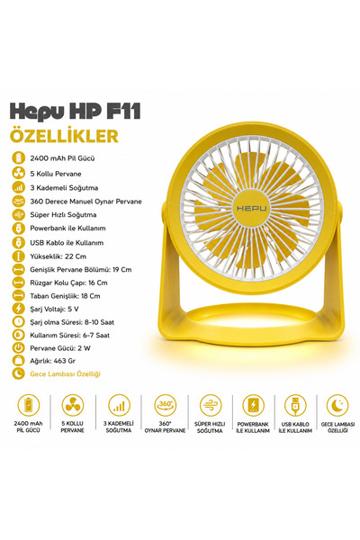 HEPU HP F06 Masa Üstü Şarjlı Vantilatör Hızlı Soğutma 2400 mAh Led Aydınlatma...