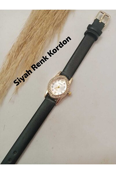 Brality Vintage Kadın Kol Saati , SİYAH RENK KORDON , Gold Renk ZİRKON TAŞLI ...