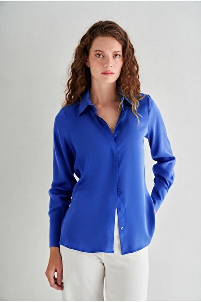 Silk and Cashmere Saks Mavi Saf İpek Audrey Uzun Kollu Gömlek