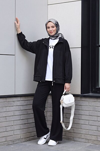 Modamorfo Beli Lace-Up Elastic Sleeves, Front Zipper, Parachute Detail Combed...