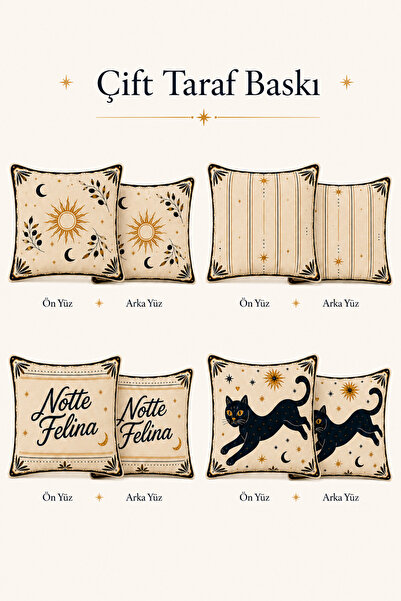 Tilda BSC. & Home Kırlent Kılıfı Seti 4'lü Notte Felina, Kedi Güneş Ay Zeytin Desenli Dekoratif Yastık Kılıfı 43x43 cm