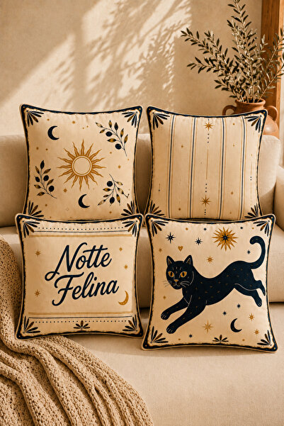 Tilda BSC. & Home Kırlent Kılıfı Seti 4'lü Notte Felina, Kedi Güneş Ay Zeytin Desenli Dekoratif Yastık Kılıfı 43x43 cm