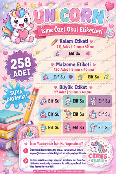 Ceres Studio Okul Etiketi Kalem Defter isimli Etiket Isim Yazılabilen Unicorn...