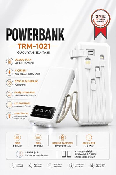 Torima Taşınabilir Batarya 20000 Mah Ledli 4 Çıkışlı Powerbank TRM-1021 Beyaz