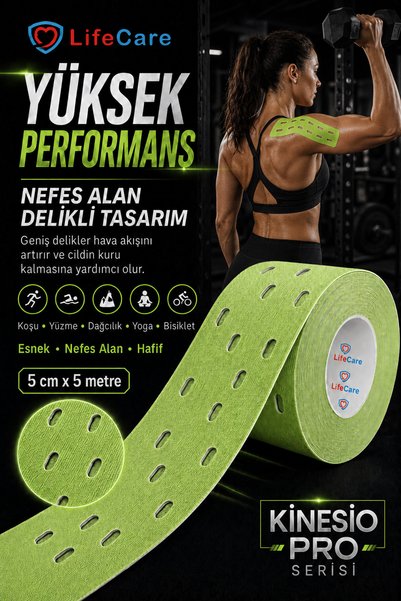 LİFE Care Kinesio Tape Delikli Kinesio Pro Serisi Yeşil 5 Cm X 5 M Ağrı Bandı