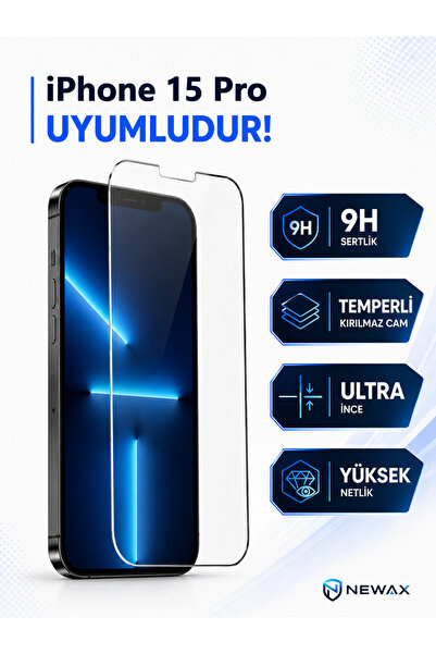 NEWAX iPhone 15 Pro Uyumlu 9H Sertlik Ekran Koruyucu Ultra İnce HD Şeffaf Kır...