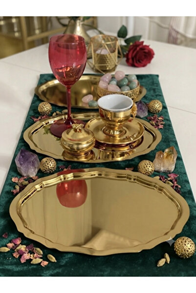 Elzemm store 20*25 CM PARLAK GOLD OVAL MODEL 3 ADET SERVİS VE SUNUM TEPSİSİ