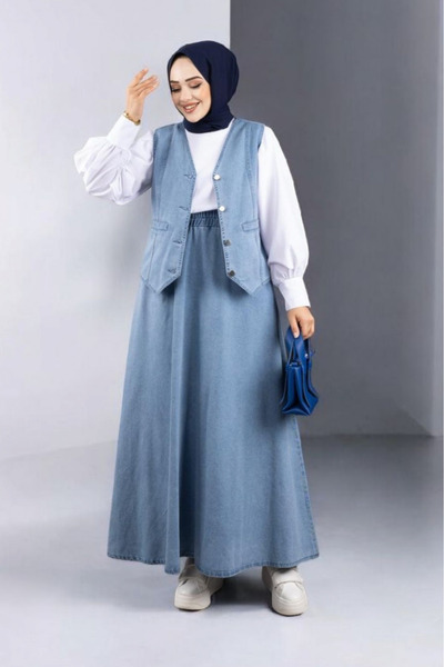 Modamorfo Set vestă și fustă din denim cu decolteu în V - Albastru gheață