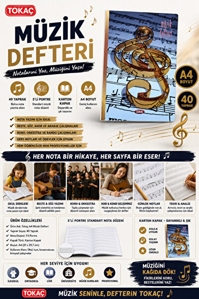 Tokaç A4 Music Notebook Cardboard Cover 40 Yp-Sol Key