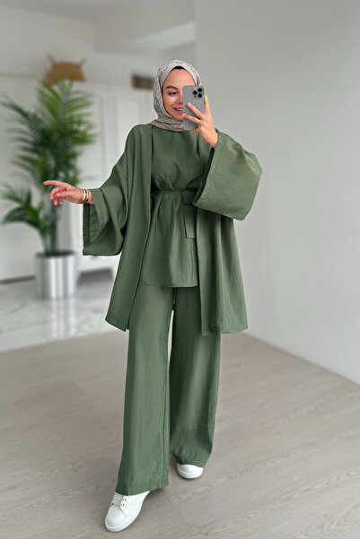 Ka Hijab Çantalı Üçlü Takım - Haki