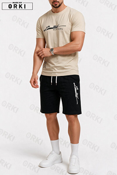 EFFRENATU Limited Edition Printed Cotton Fabric Men's Beige T-Shirt-Black Sho...