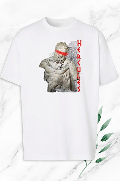 perseusshopping Λευκό μπλουζάκι με στάμπα με γλυπτό Hercules Hercules Mythology