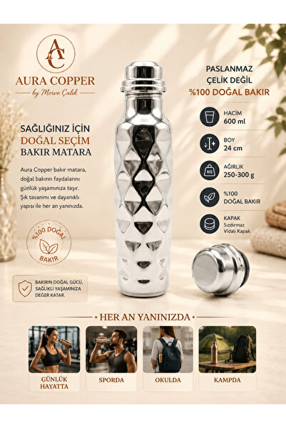 AURA COPPER Otantik Pramit Desen Bakır Suluk Matara Su Şişesi – Günlük - Spor...
