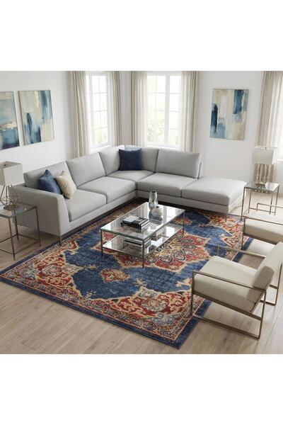 Carpettex Lacivert Klasik Desenli Dijital Baskılı Kaymaz Tabanlı Halı Dijital Baskı Halı 7 mm Kaymaz Taban