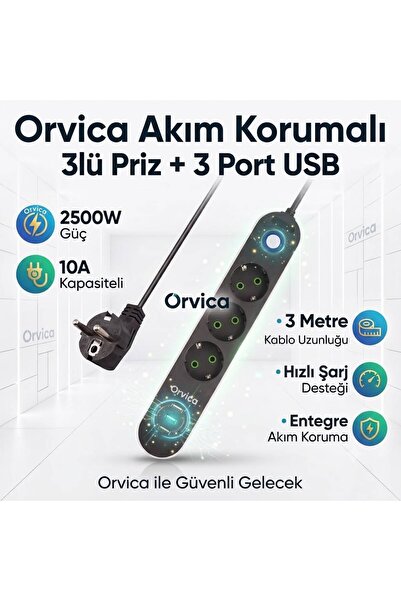 ORVİCA 3+3 Usb Port Akım Korumalı 3'lü Grup Priz Ve 3'lü Usb Şarj Aleti 2500 ...