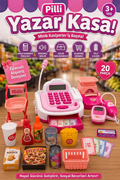 craftivio Pilli Sesli Oyuncak Yazar Kasa ve Market Alışveriş Seti - 20 Parça ...