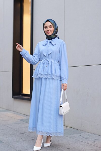 Modamorfo Lace Collar and Tie Waist Skirt, Pleated Crepe Set - Baby Blue