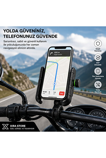 XİRA 360° Dönebilen Motosiklet Telefon Tutucu Gidon Bağlantılı Ayarlanabilir Telefon Standı 4.7-7 İnç Evrensel