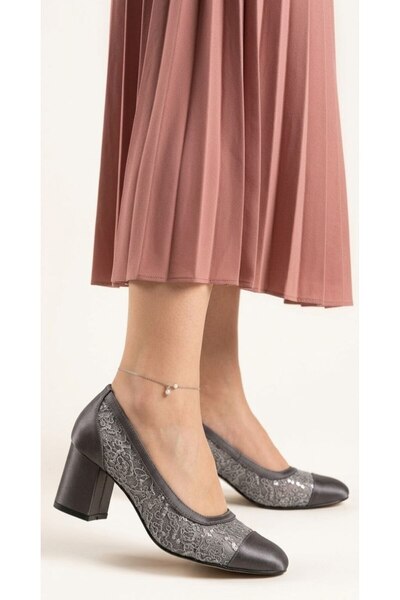 Gönbeler Women's Gray Satin Lace Detailed Stylish Thick Block Heeled Evening ...