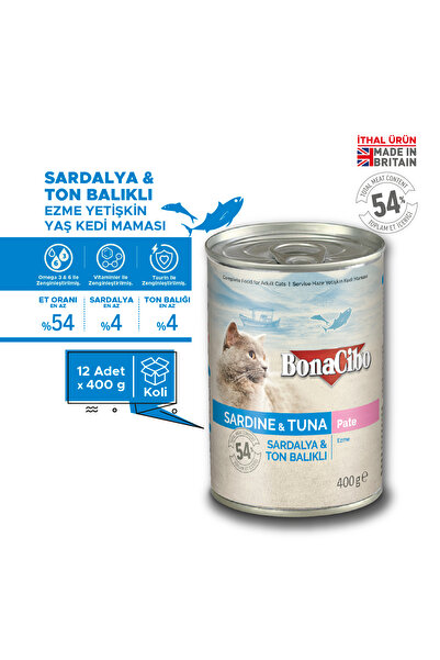 BonaCibo Ezme Sardalya ve Ton Balıklı Yaş Kedi Maması, 400 Gr X 12 Adet