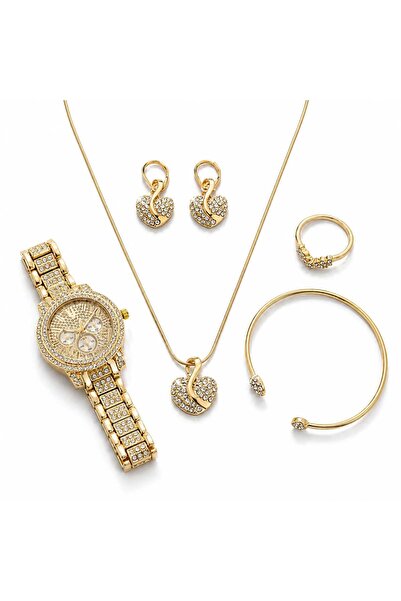 Nevara 5Pcs Gold Watch Set Women's Stainless Steel Zircon Watch Necklace Earr...